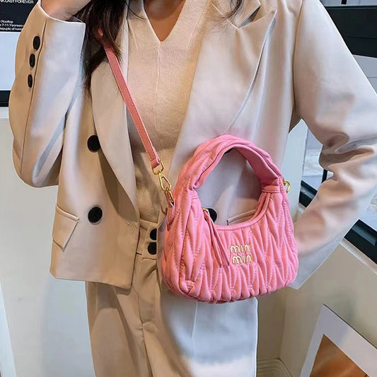 New Light Luxury Fashion Pleated Shoulder Bag Women's Bag Monogram Logo PU Design Versatile High-End Handbag Cross-Body Bag