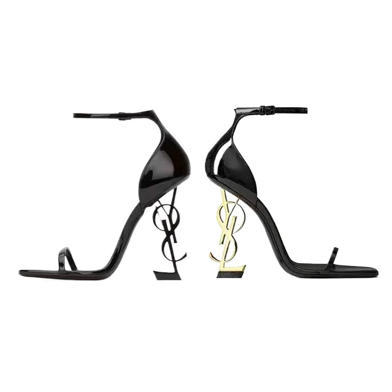 2024 New High Quality Niche Design Metal Heel Patent Leather Banquet High Heel Sandals Elegant Sexy Women's High Heels