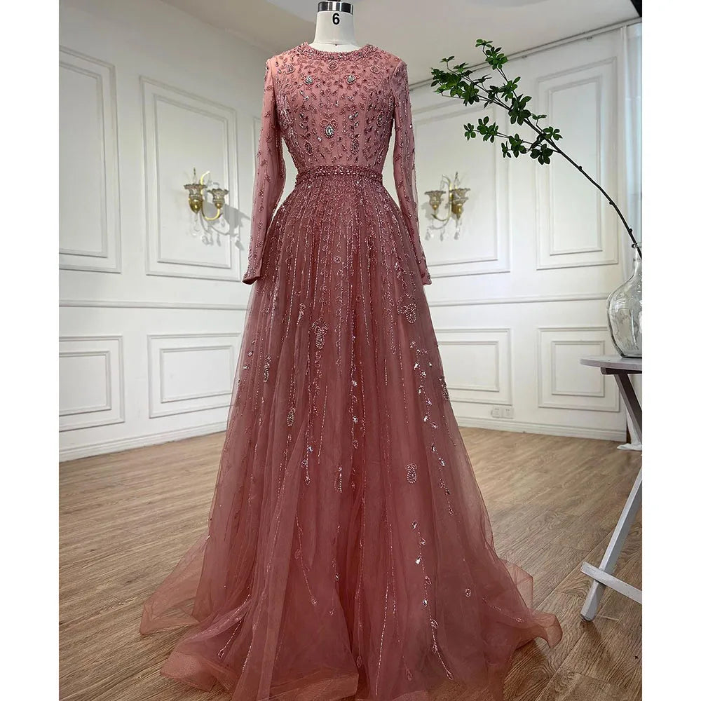 Serene Hill Peach Long Sleeves A-line Muslim Evening Dresses Luxury Beaded Dubai Wedding Party Gowns 2024 For Women GLA71803C