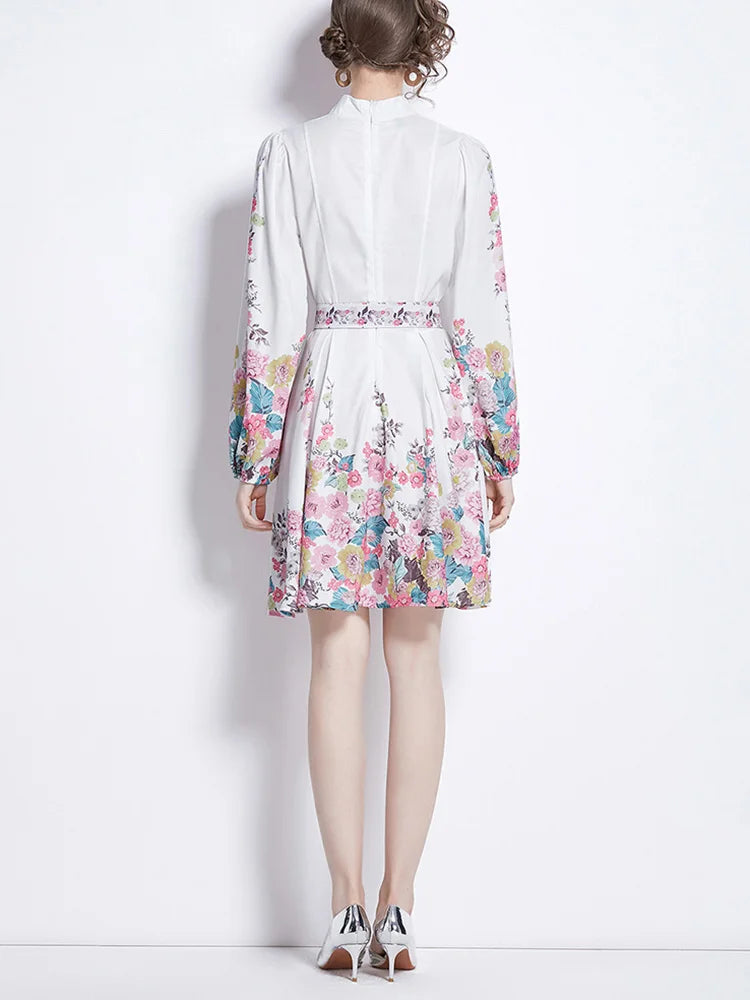 Spring Clothes For Women Vintage Floral Print Dress Stand Collar Long Sleeve Mini Dress With Belt Wedding Elegant Party Dresses