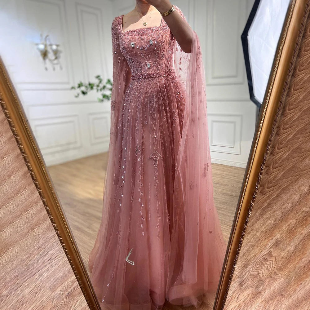 Serene Hill 2024 Muslim Pink A Line Beaded Elegant Cape Sleeve Luxury Evening Dresses Gowns For Women Wedding Party LA71803A