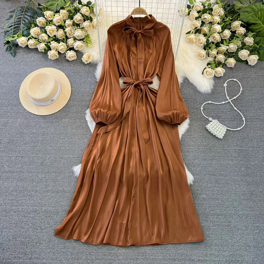 Autumn Elegant Women Fashion Party Long Dress Bow Lace Up Long Sleeve Evening Dresses A-Line Casual Vestidos One Piece Prom Robe
