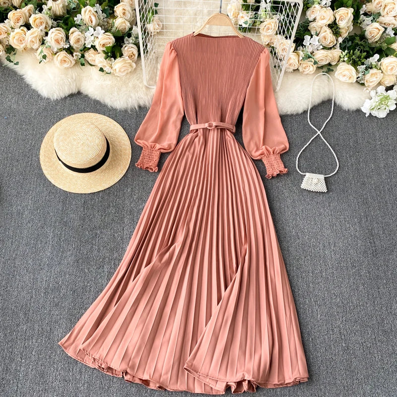 Chic Pleated Elegant Puff Sleeve Dress A-line Chiffon High Waist Belt Beach Vacation Party Dress Women Summer Spring Vestidos