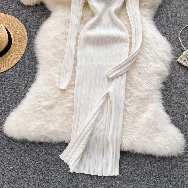Women Chic Elegant Long Sleeve Split Bodycon Midi Dress Sexy French Fashion Knit Wrap Vestidos Elastic Slim Pencil Sweater Dress