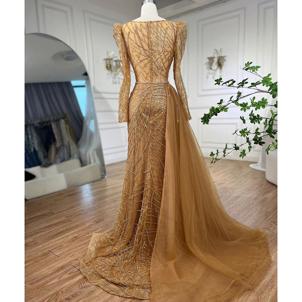 Serene Hill Muslim Gold Mermaid Beaded Luxury Dubai Evening Dresses Gowns With Overskirt 2024 For Women Party LA72206