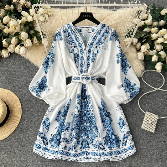 Vintage Print Elegant V-eck Single Breasted Lantern Long Sleeve Dress A-line Casual Women Fashion Summer Spring Vestidos