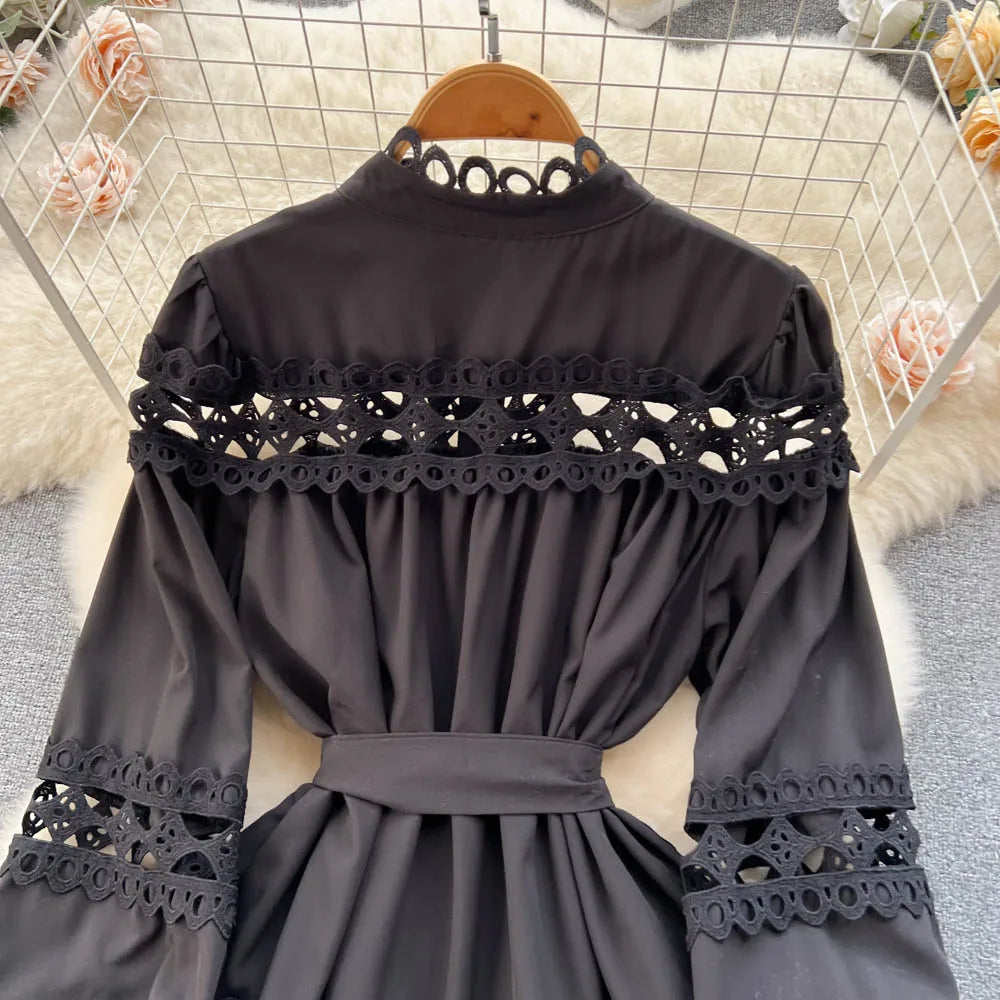 2023 Spring Summer Holiday Dress Women Stand Collar Long Sleeve Button Up Embroidery Trim Luxury Elegant Mini Dress With Belt