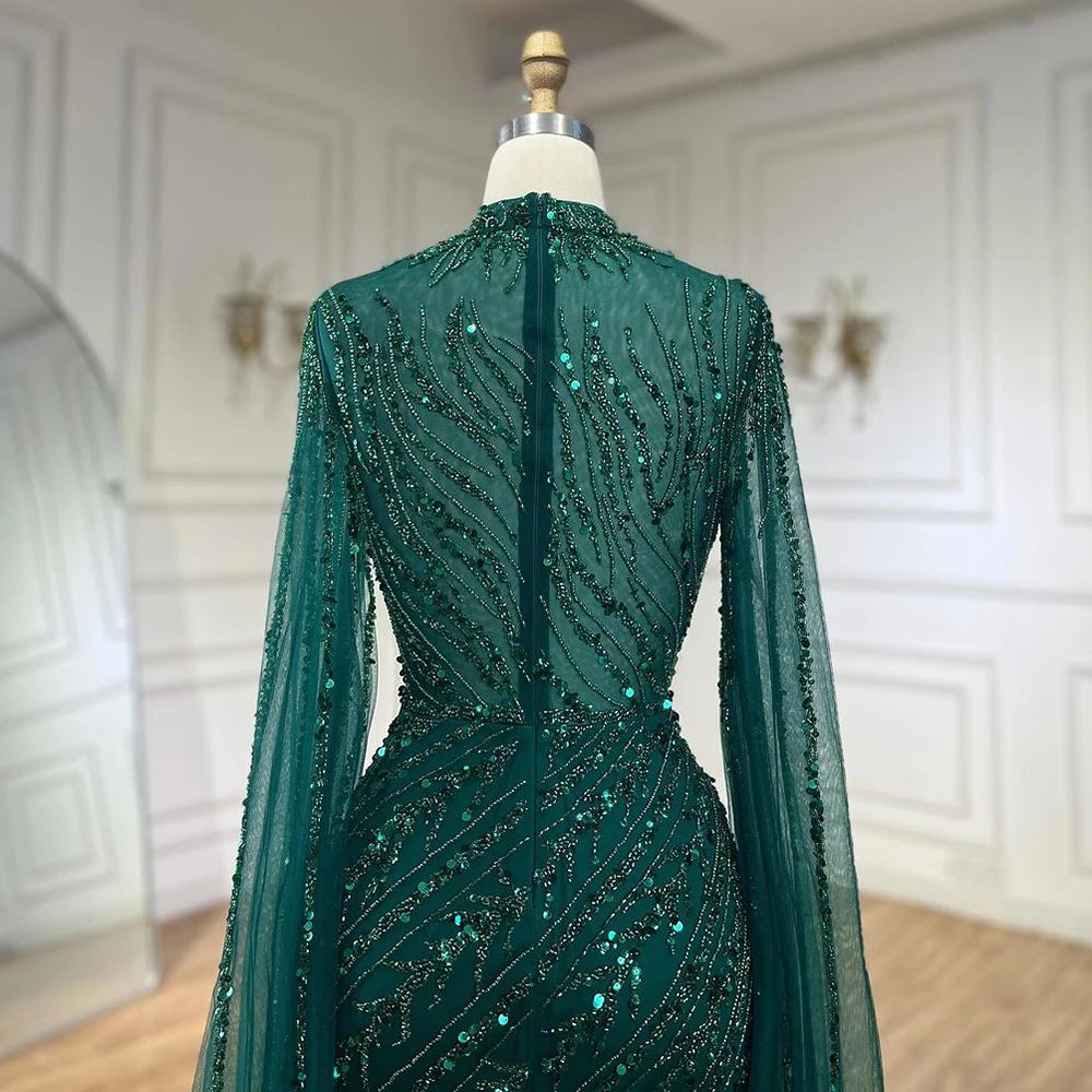 Serene Hill 2024 Nude Cape Sleeves Mermaid Lace Beaded Luxury Dubai Long Evening Dresses Gowns for Women Wedding Party BLA71885A