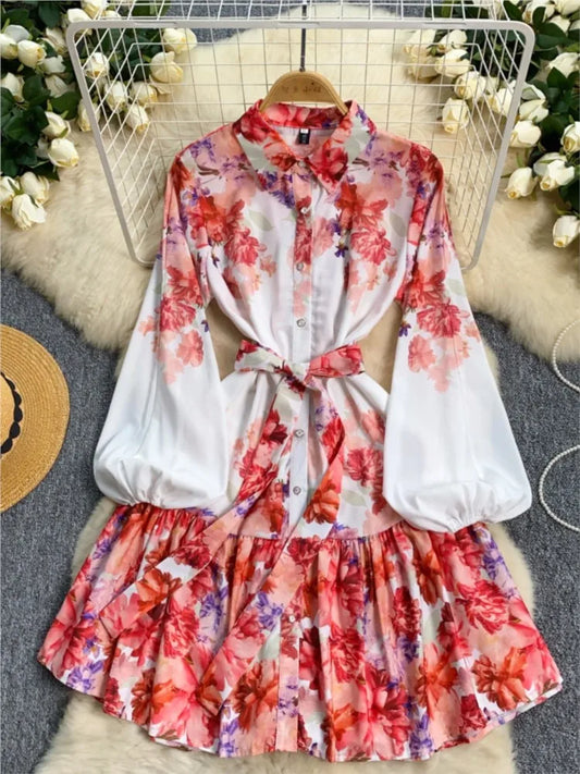 Elegant Casual Women Pleated Print Mini Dress Vintage Lace-up Lantern Sleeve Ruffles Short Dresses Female Party Clothes Robe