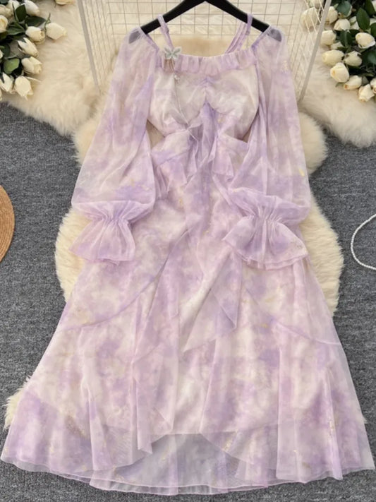 Elegant Bright Silk Print Party Dress for Women Casual Off Shoulder Spaghetti Strap Flare Sleeve Slim Waist Vestidos A-Line Robe