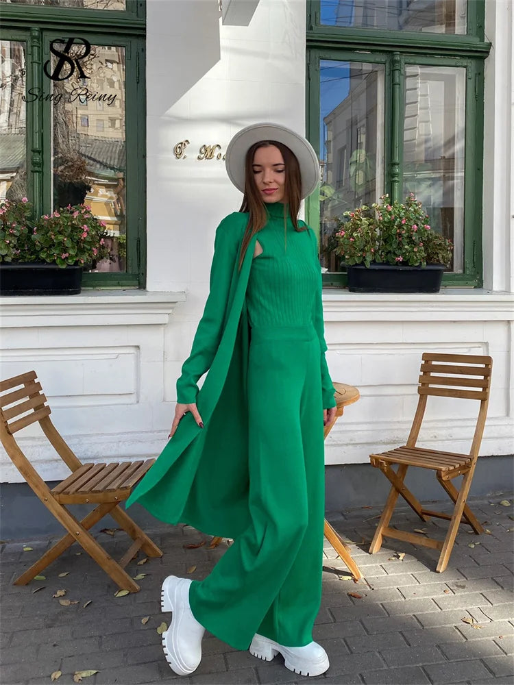 SINGREINY Winter Casual Knitted Three Pieces Suits Women Long Sleeve Cardigans+Turtleneck Knit Tank Top+Warm Long Pant Sets