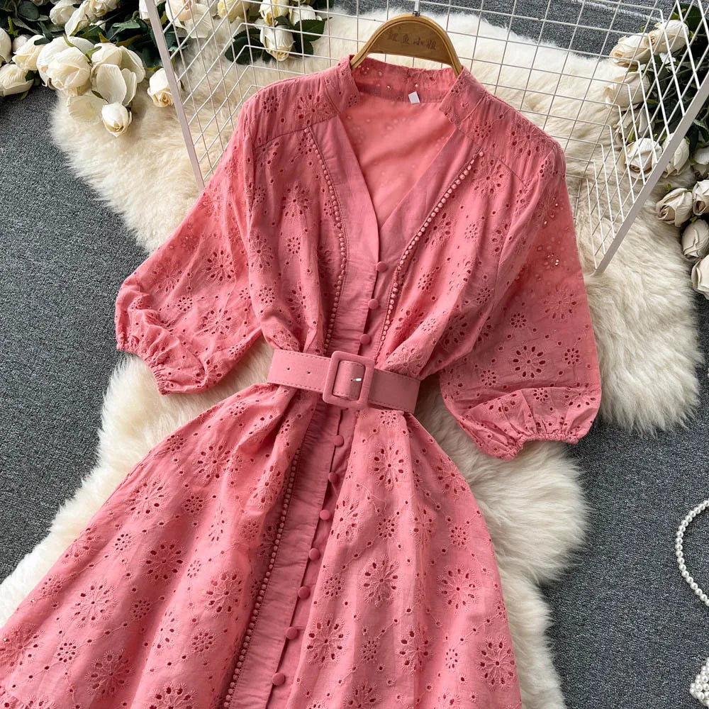 Summer V-neck Hollow Out Dress Women Bubble Sleeves Loose Embroidered Ruffle Edge Long Dresses Ladies Elegant Casual Long Robe