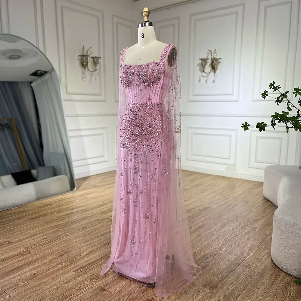 Serene Hill Arabic Gray Mermaid Beaded Luxury Dubai Long Evening Gown with Cape Sleeves Elegant for Women - Party 2024 BLA72592