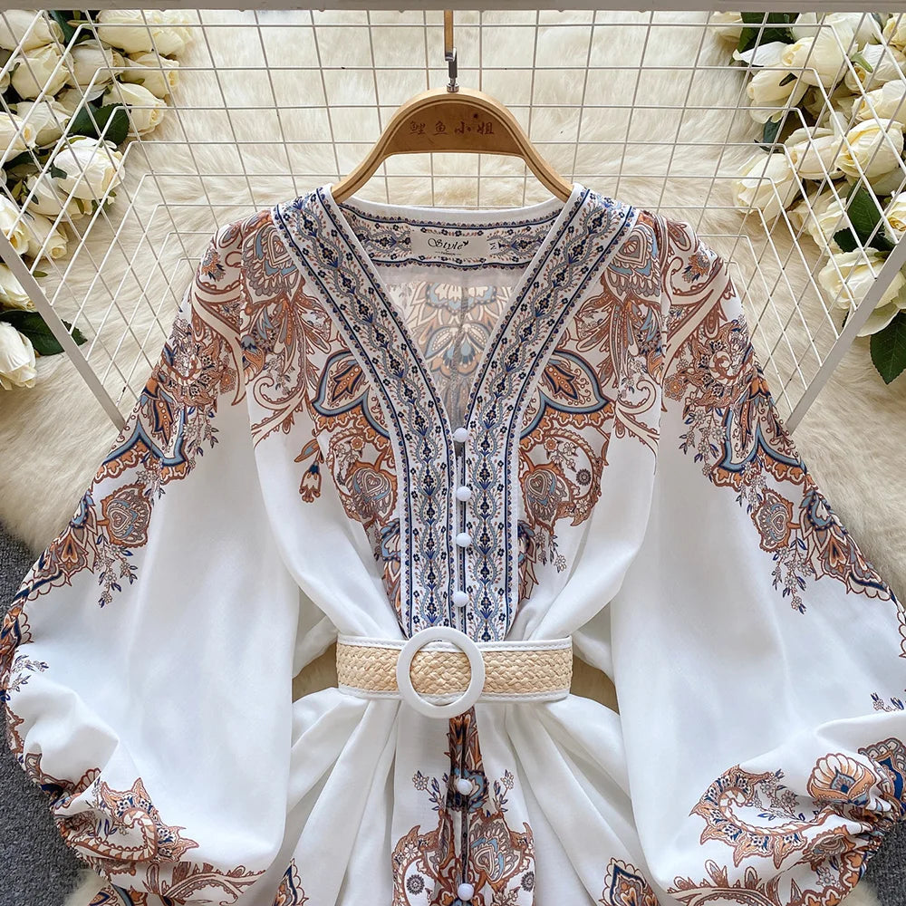 Holiday Dress For Women 2024 Bohemian Vintage Paisley Print Dress Spring 3/4 Sleeve V Neck Elegant Party Short Dresses With Belt