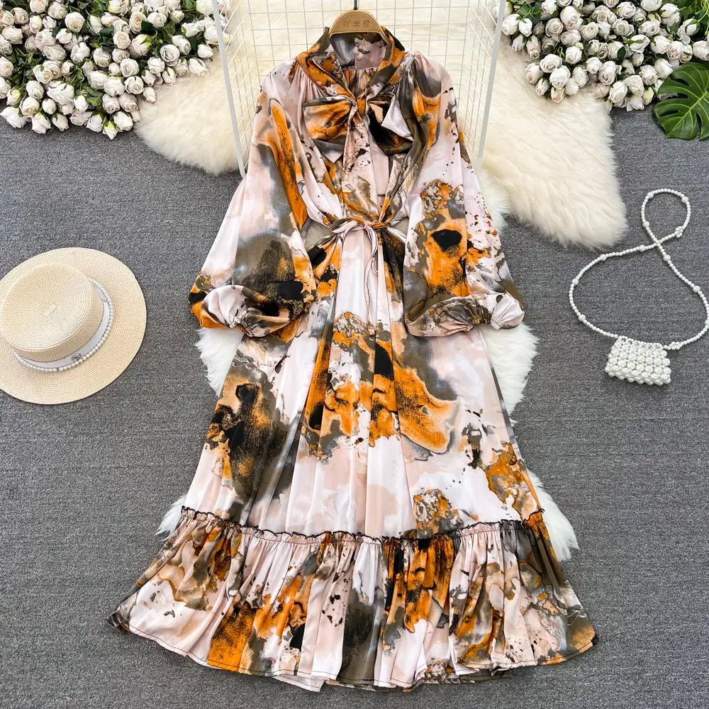Elegant Casual A-Line Vintage Ruffle Print Long Dress Autumn Lantern Sleeve Party Boho Dresses Beach Holiday Female Vestidos