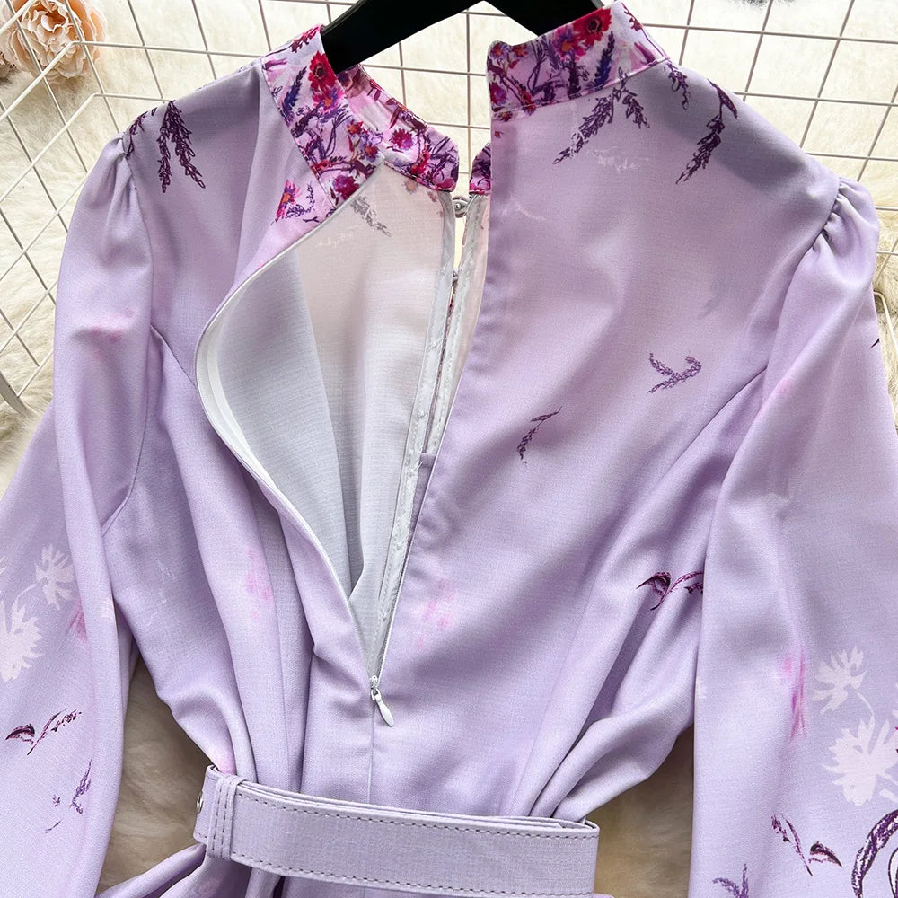 Spring Dresses 2024 Women Clothing Long Sleeve Party Elegant Dress With Belt Stand Collar Vintage Floral Print Holiday Dress