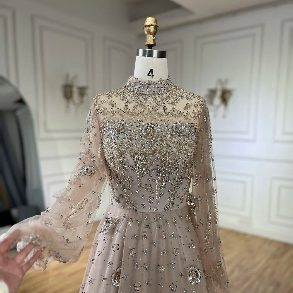 Serene Hill Muslim Nude A-Line Beaded Luxury Elegant Dubai Long Evening Gown for Women - Wedding Party 2024  LA72594