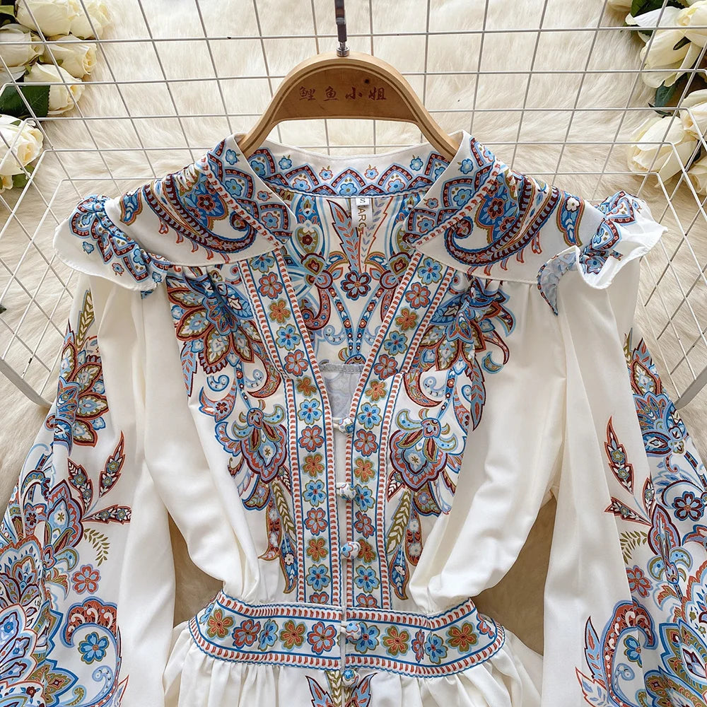 Elegant Dresses For Women 2024 V Neck Vintage Paisley Print Mini Holiday Dress Spring Ruffle Trim Long Sleeve Bohemian Dress