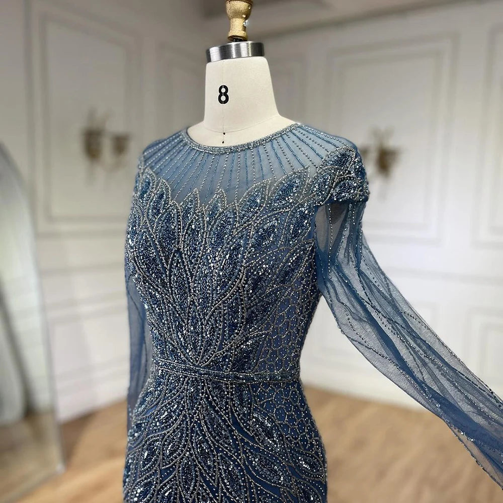 Serene Hill Muslim Blue Mermaid Luxury Beaded Dubai Long Evening Dresses Gowns for Women Wedding Party 2024 LA71999L