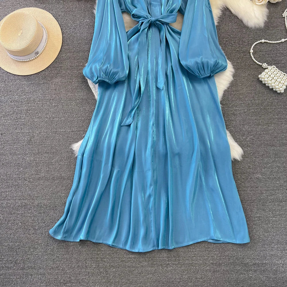 Autumn Elegant Women Fashion Party Long Dress Bow Lace Up Long Sleeve Evening Dresses A-Line Casual Vestidos One Piece Prom Robe