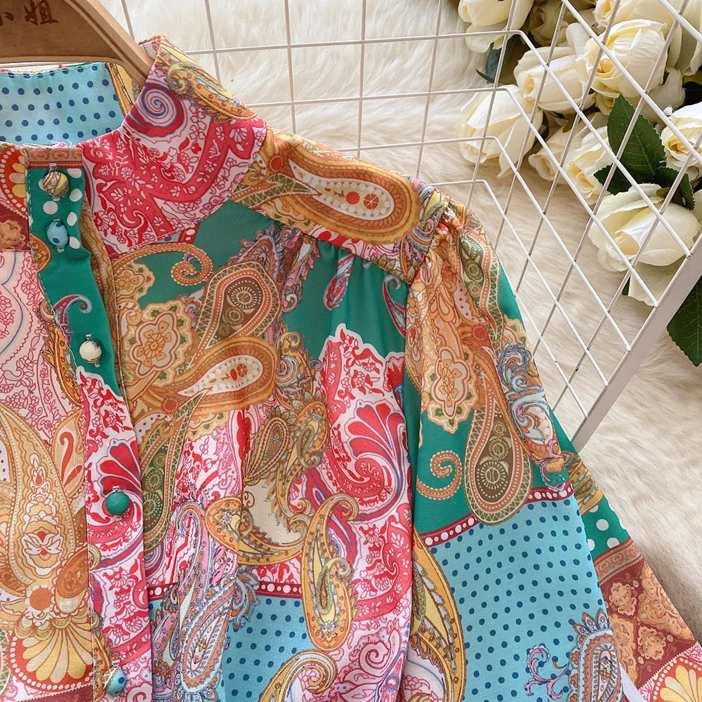 New In Dresses 2024 Spring Vintage Paisley Print Vacation Bohemian Dress Women Stand Collar Long Sleeve Mini Dress With Belt