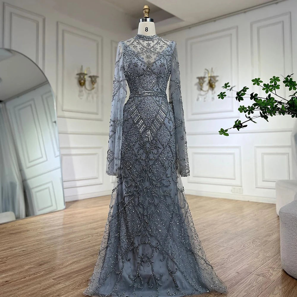 Serene Hill 2024 Muslim Nude Mermaid Elegant Bell Sleeve Beaded Luxury Dubai Long Evening Dress for Formal Occasion LA72316A