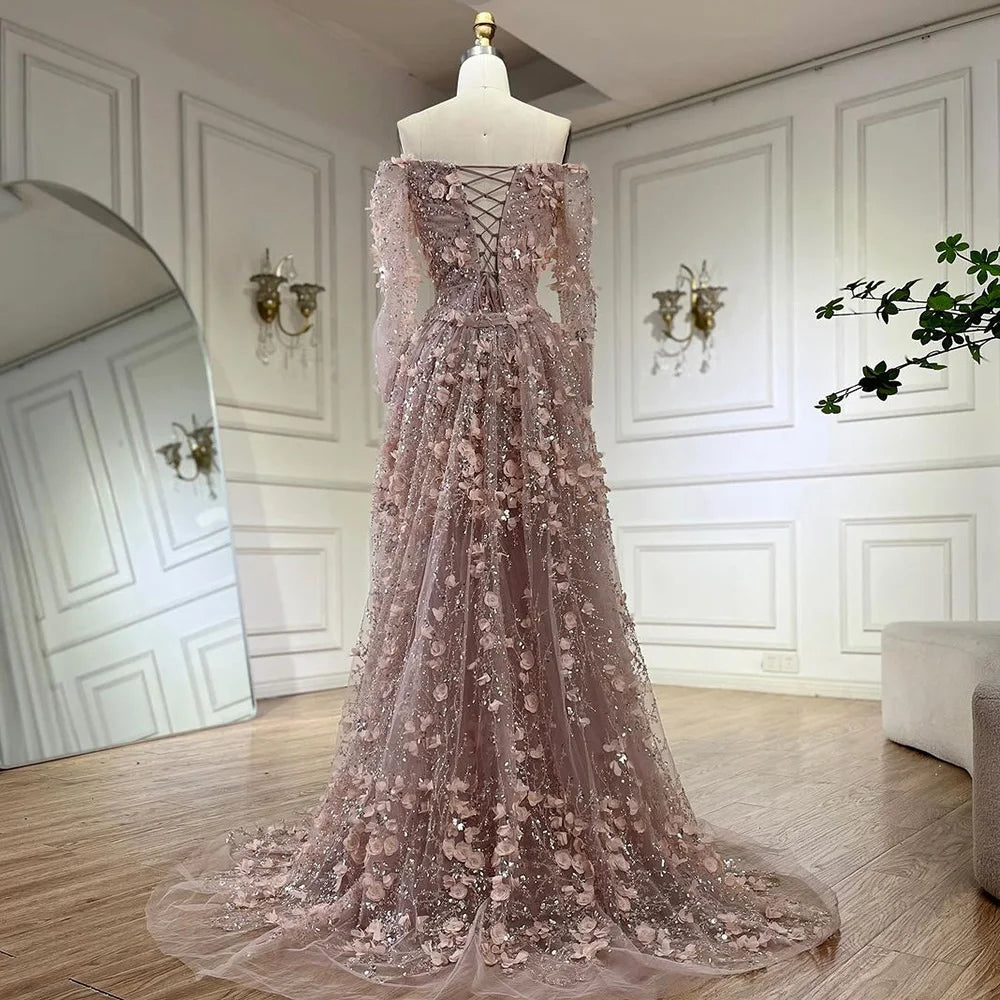 Serene Hill 2024 Pink Strapless Back Lace-Up Mermaid Evening Gown with Overskirt and Appliques for Women | Wedding Party LA72641