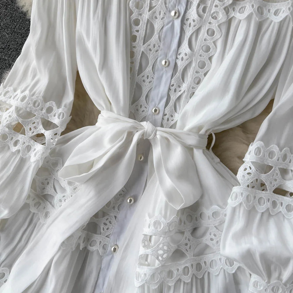 2023 Spring Summer Holiday Dress Women Stand Collar Long Sleeve Button Up Embroidery Trim Luxury Elegant Mini Dress With Belt