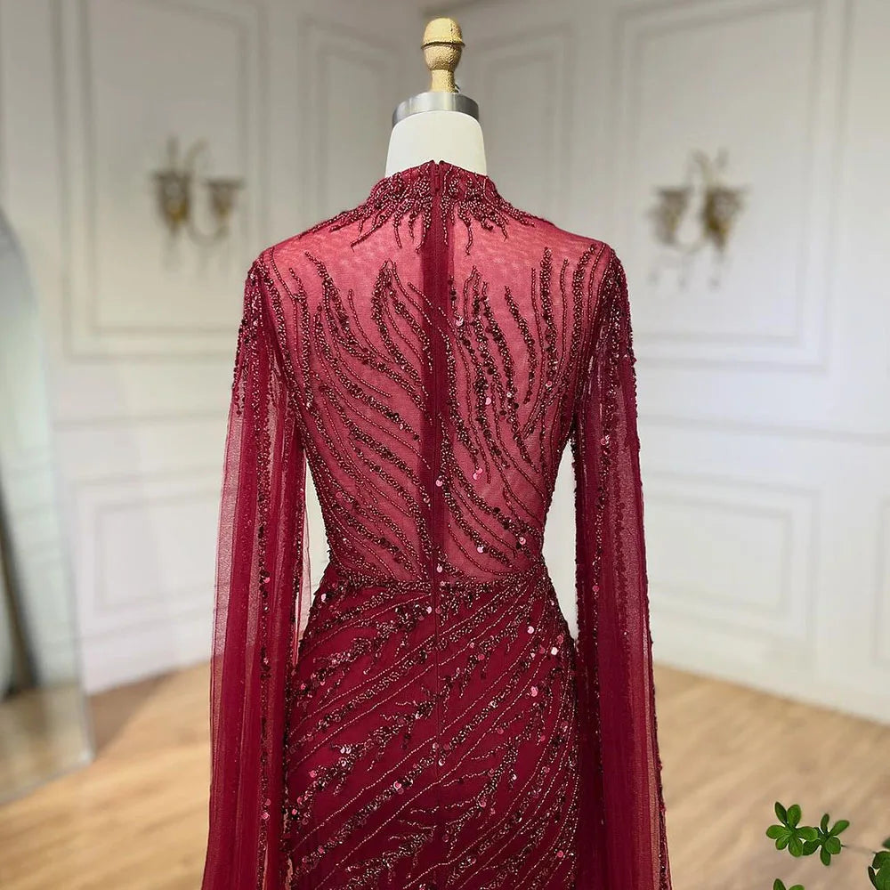 Serene Hill 2024 Nude Cape Sleeves Mermaid Lace Beaded Luxury Dubai Long Evening Dresses Gowns for Women Wedding Party BLA71885A