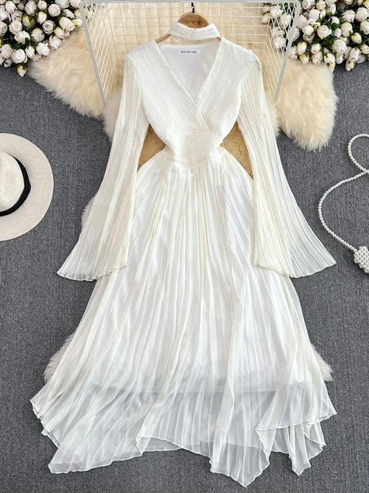 Autumn Solid Pleated Long Dresses for Women Halter V-Neck Flare Sleeve Wedding Party Dress Korean Fashion One Piece Vestidos New