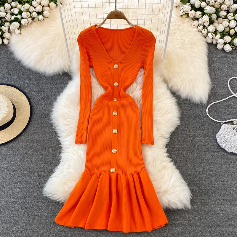 Chic V Neck Long Sleeve Elegant Mermaid Dress Sexy slim Evening Party French Fashion Knit Vestidos High Waist Autumn Slim Robe