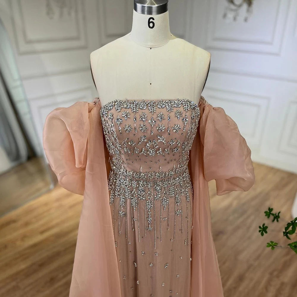 Serene Hill Black Sexy Off the Shoulder Puff Sleeves Evening Dresses Beaded Overskirt Mermaid Party Gown For Women 2023 BLA72002