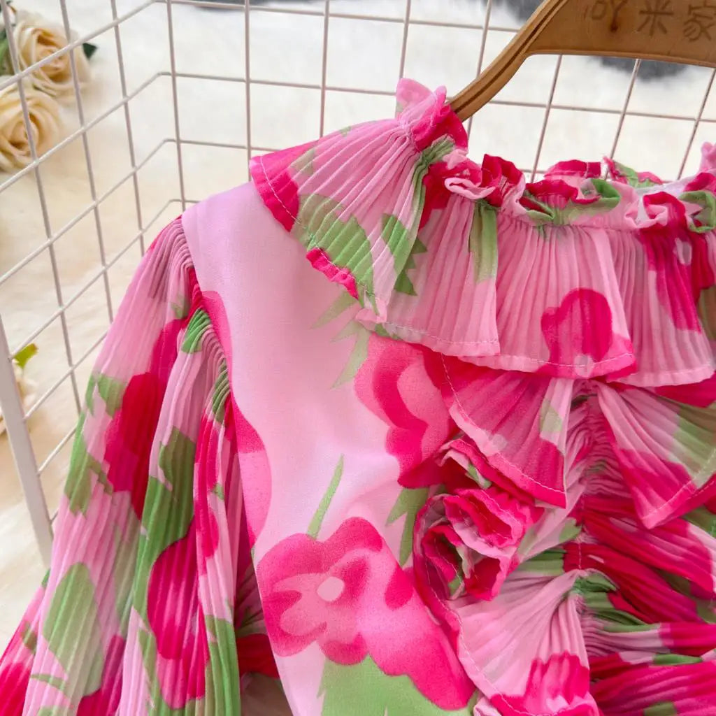 Summer Vintage Casual A-Line Floral Print Women Dress Elegant Chic Pleated Party Prom Vestidos with Belted Female Long Robe
