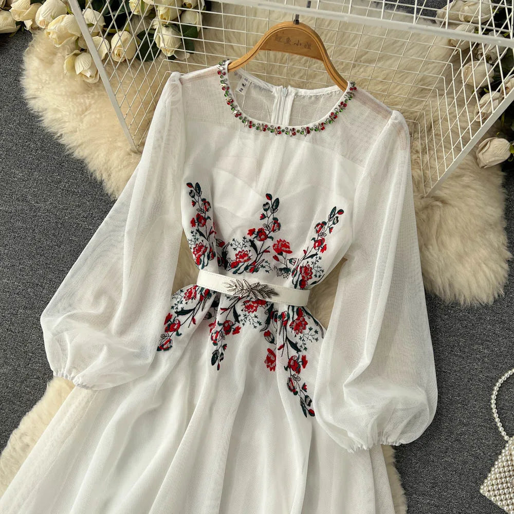 New Fashion Autumn White/Beige Beading Embroidery Long Dress For Women Elegant O Neck Puff Sleeve High Waist Elegant Party Robe