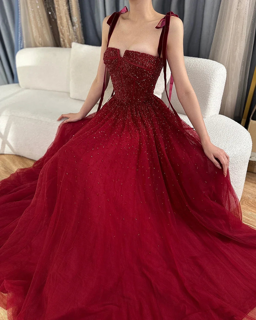 Serene Hill 2024 Saudi Wine Red Beaded Evening Gown Spaghetti Strap A-Line Luxury Floor-Length for Formal Occasion LA70600A