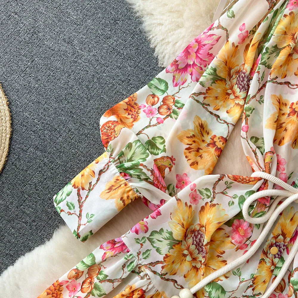Spring Vacation Dresses For Women Long Sleeve Vintage Floral Print Dress Stand Collar Ruffle Hem Chiffon Mini Dress Tie Belt