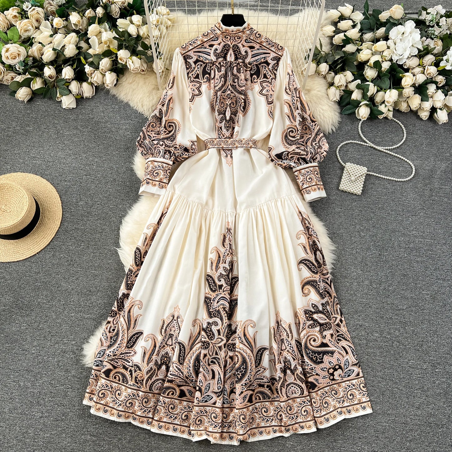 Vintage Print Elegant Half High Collar Lantern Long Sleeve  Dress A-line Casual Women Fashion Autumn Spring Vestidos