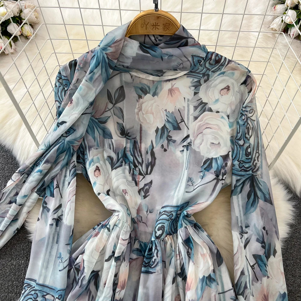 Elegant Chic A-Line Women Autumn Dress Long Sleeve Casual Floral Print Vintage Beach Holiday Vestidos Female Lace-up Robe Mujers