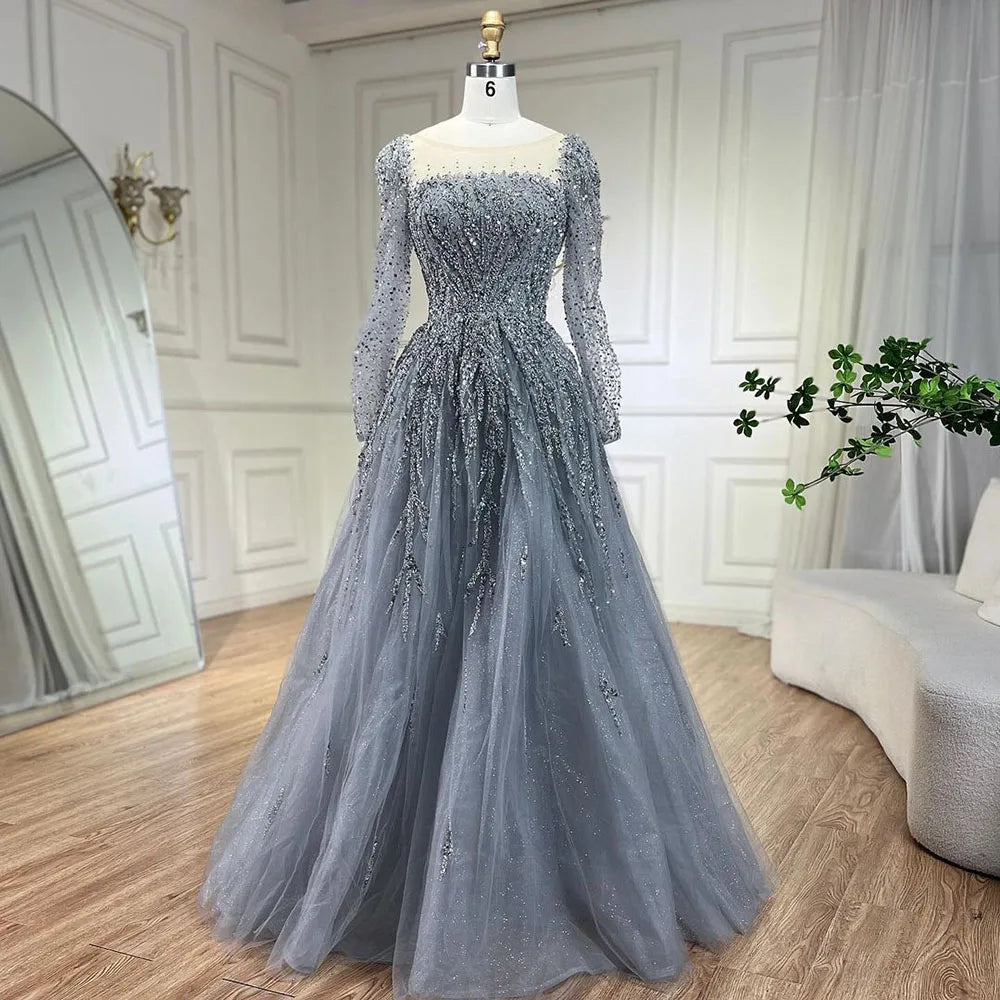 Serene Hill Muslim Pink A Line Beaded Luxury Dubai Long Evening Dresses Gowns 2024  For Woman Wedding Party LA71915