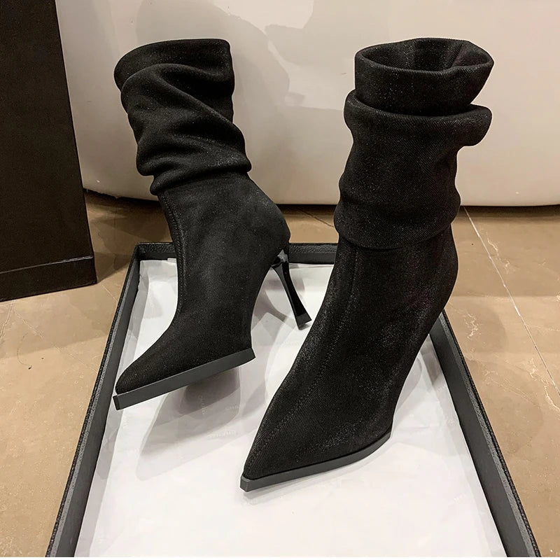 High Heel Women Pleated Ankle Boots Fashion Pointed Toe Slip On Shoes Dancing Party Dress Short Botas De Mujer