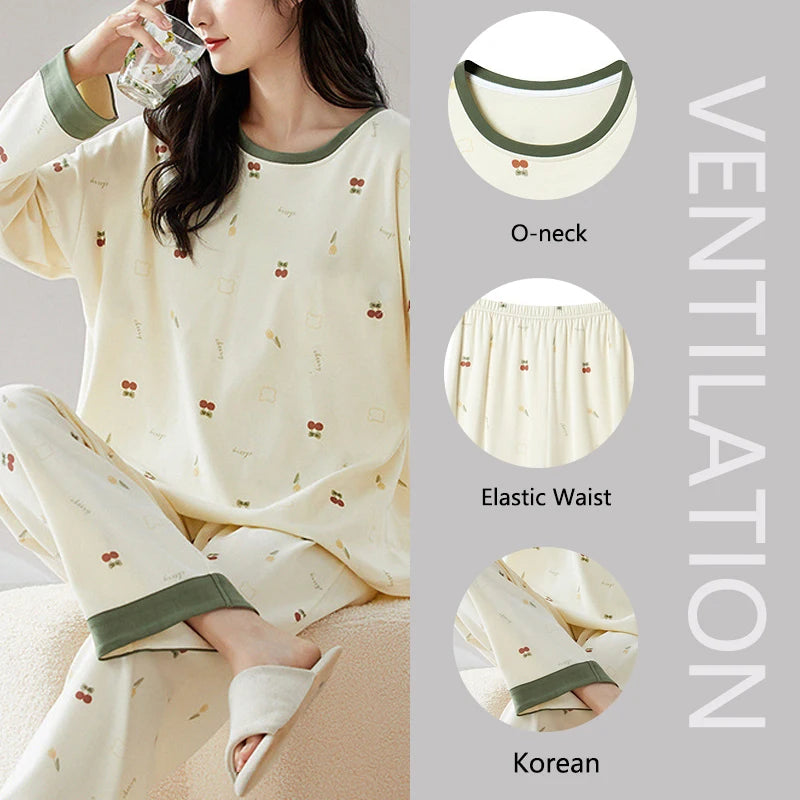 2Pcs/set Women's Pajamas Homewear Autumn and Winter Long Sleeve Long Pants Cartoon Cute Large Size 2xl Round Neck Set Student Pa