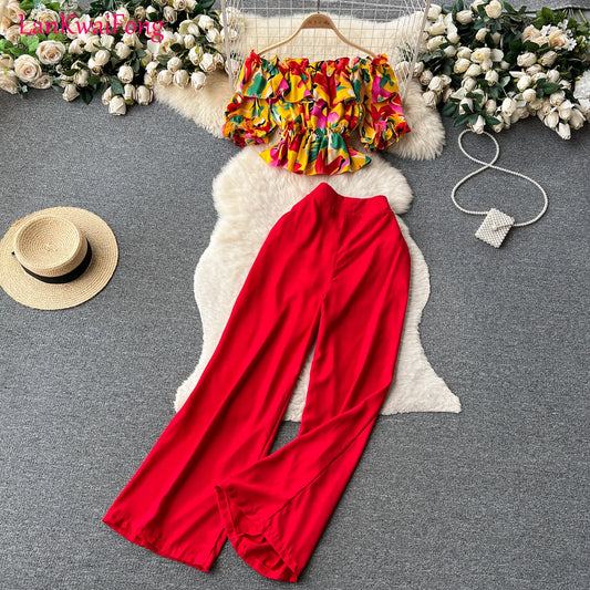 LKF Summer Casual One Piece Shoulder Lotus Leaf Edge Fragmented Flower Shirt Top Women's Wide Leg Pants Two Piece Set Wholesale