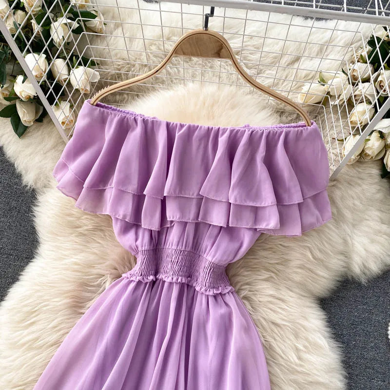Women Chiffon Beach Dress Sexy Double Layer Ruffled Off The Shoulder Boho Dresses Ladies Sweet Slash Neck Long Dress