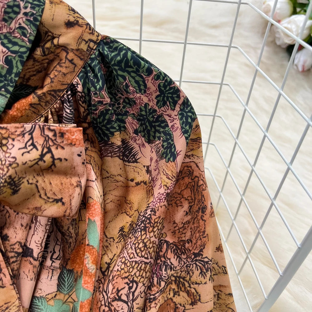 Elegant Casual A-Line Vintage Ruffle Print Long Dress Autumn Lantern Sleeve Party Boho Dresses Beach Holiday Female Vestidos