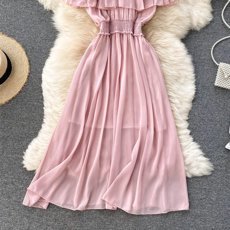 Women Chiffon Beach Dress Sexy Double Layer Ruffled Off The Shoulder Boho Dresses Ladies Sweet Slash Neck Long Dress