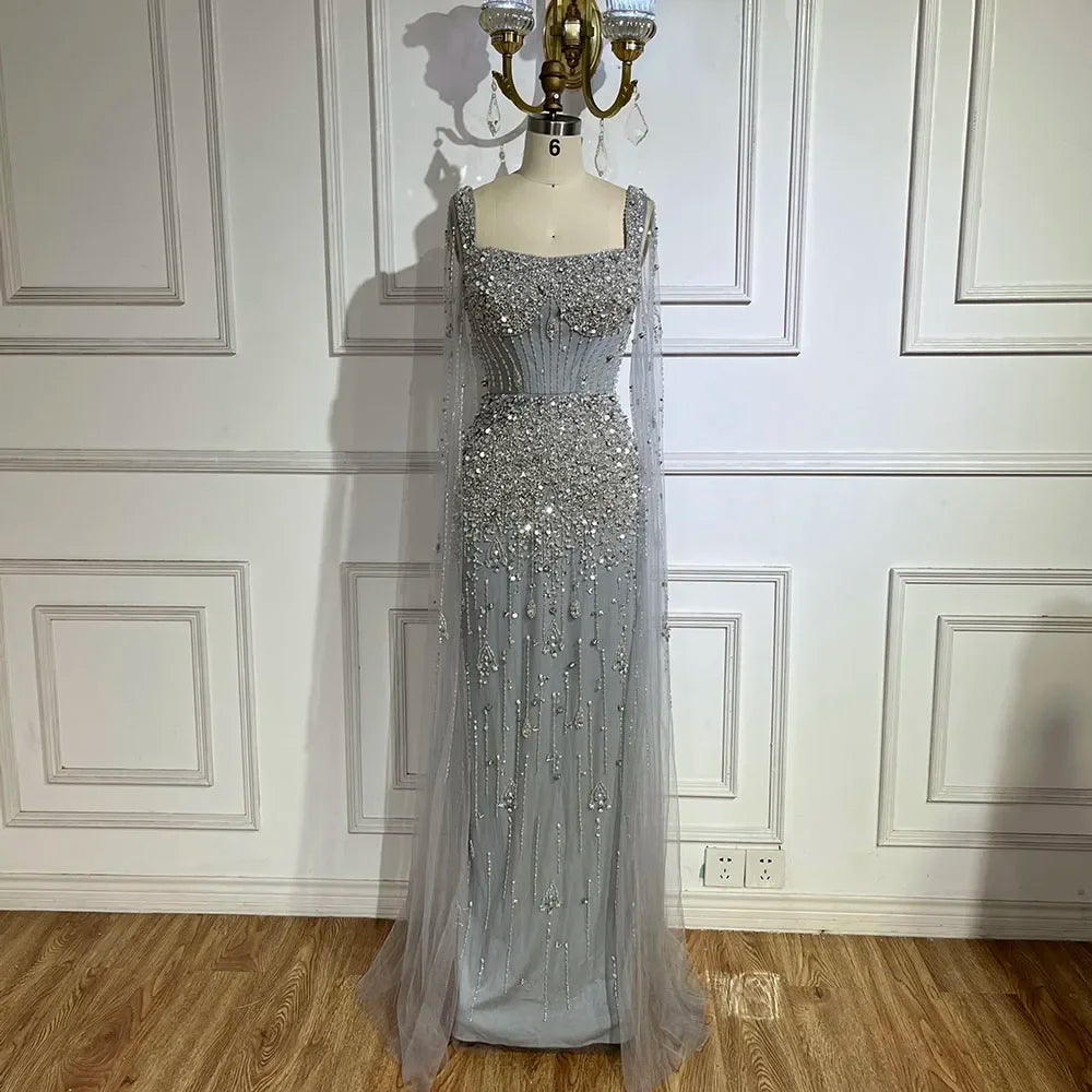 Serene Hill Arabic Gray Mermaid Beaded Luxury Dubai Long Evening Gown with Cape Sleeves Elegant for Women - Party 2024 BLA72592