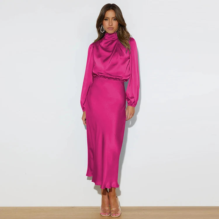 Spring Summer New High-End Satin Long Sleeved Dress Women's Ladylike Elegant Evening Dress Party Clothes Celebrity Dresses
