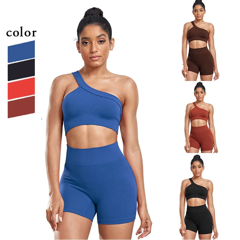 CHRLEISURE 2PCS Ribbed Sport Set Women Seamless Yoga Suit Elastic Workout Outfit Slim Athletic Activewear Female Gym Tracksuit