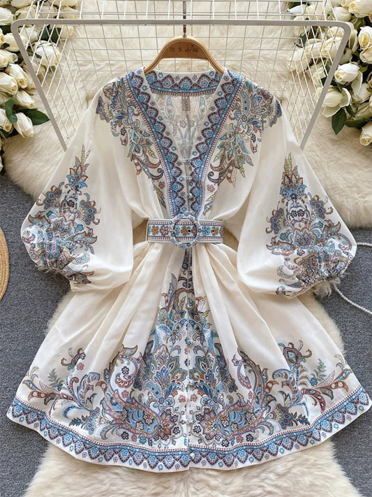 Bohemian Dresses For Women 2024 V Neck 3/4 Sleeve Spring Summer Vacation Mini Dress With Belt Boho Vintage Paisley Print Dress