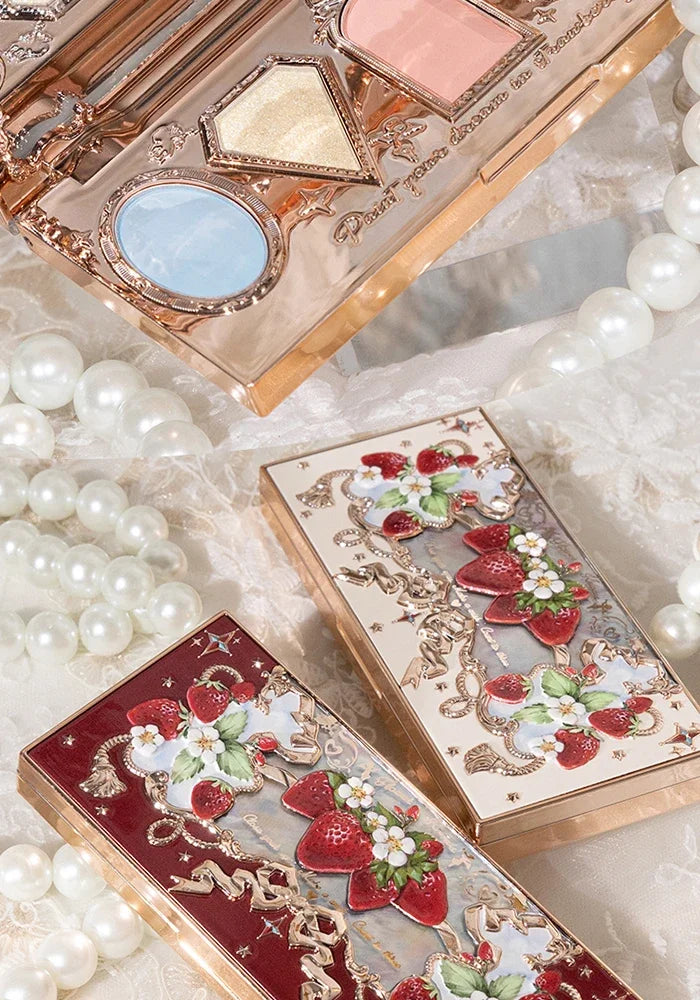 Flower Knows Strawberry Rococo Pressed Glitter Eyeshadow 5 Color Palette with Creamy Texture for Natural Makeup Eye Shadows